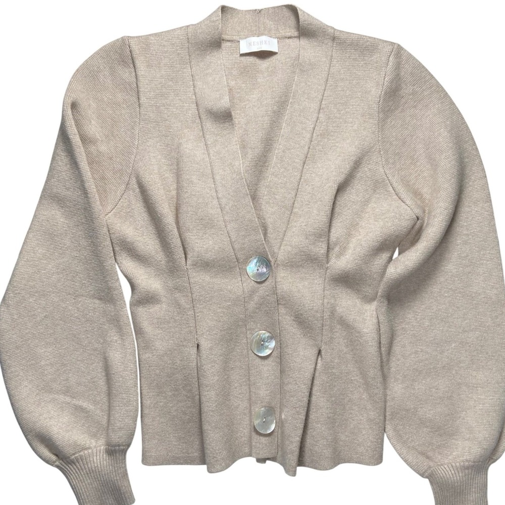 MESHKI Tailored Balloon Sleeve Knit Cardigan Sweater Beige XXS Clean Girl